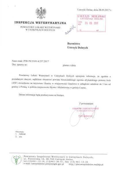 Komunikat Powiatowego Lekarza Weterynarii w Ustrzykach Dolnych dot. ASF